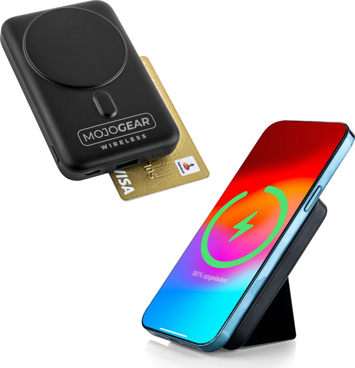 MOJOGEAR Wireless MagSafe powerbank 10.000 mAh - Magnetisch en Draadloos voor Android en iPhone - Met standaard - Compact broekzak-formaat - Zwart