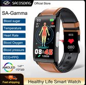 Bloedglucosemeter Gezondheid Smart Horloge Ecg + Ppg Bloeddrukmeting IP68 Waterdichte Sport Smartwatch hartslag, bloeddruk Zuurstof, bloed suiker Meter - Originele Band + Bruine Lederen band + ECG bandje