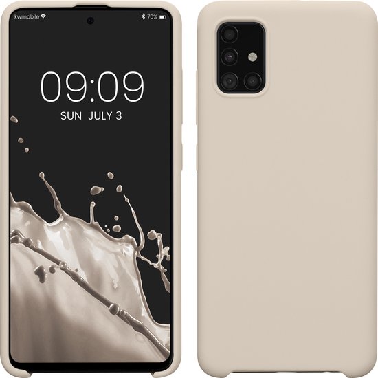Coque de téléphone en silicone crème pour Samsung A51, avec un éclaboussement d'eau de couleur crème sur le téléphone.