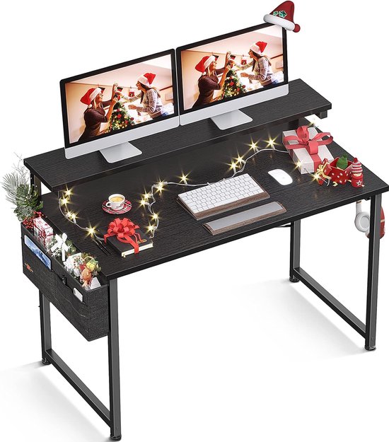 Foto: Bureau met monitorstandaard in hoogte verstelbaar computertafel met opbergtas pc tafel met koptelefoonhouder kleine bureautafel voor thuiskantoor 100 x 50 x 74 cm zwart 