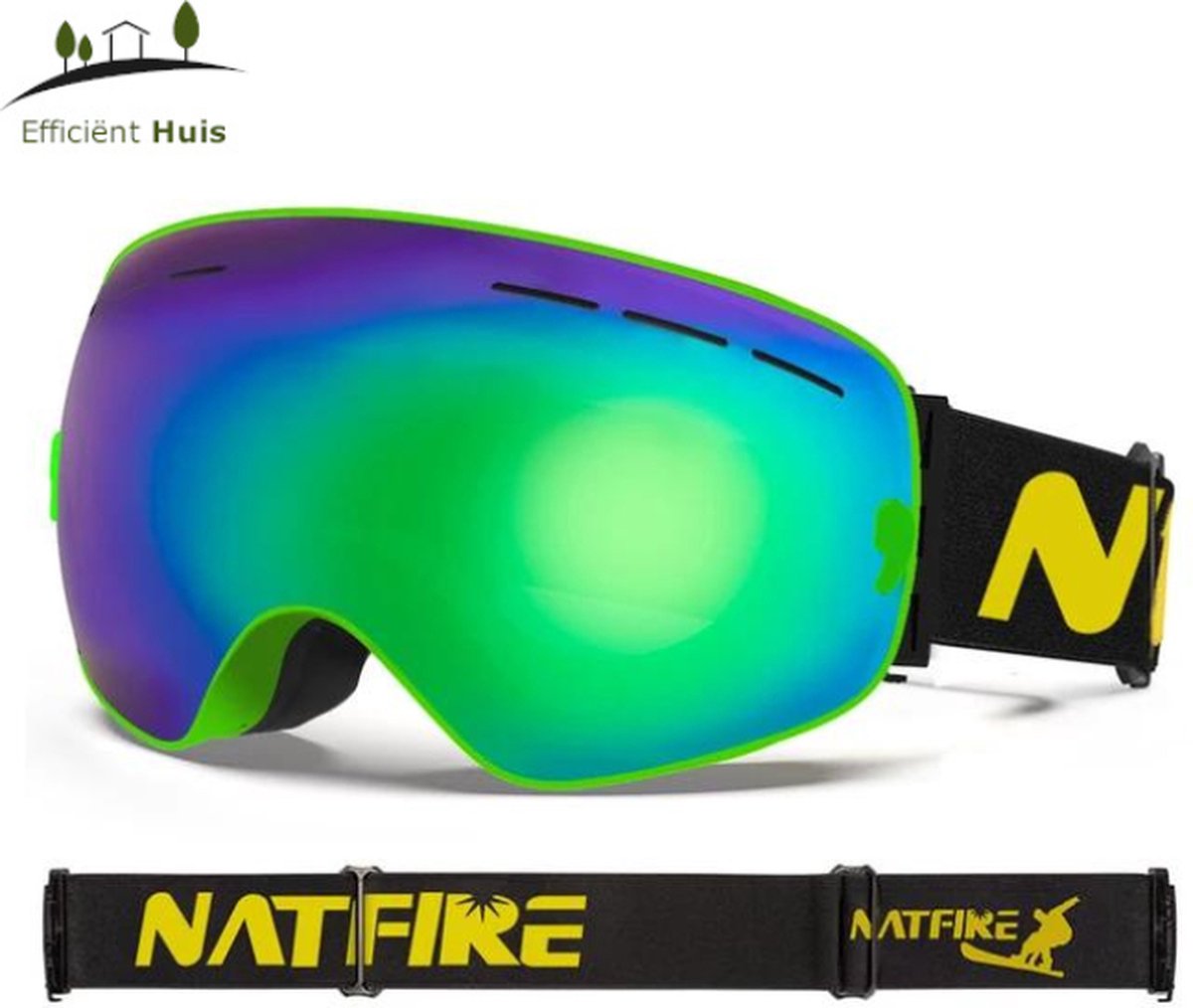 Natfire - Ultieme Skibril - Groen - UV-bescherming - Geschikt voor brildragers - Anti-Mist - Ventilatie - UV400