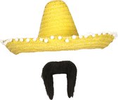 Carnaval verkleed set - Mexicaanse sombrero hoed dia 50 cm met plaksnor - geel - heren