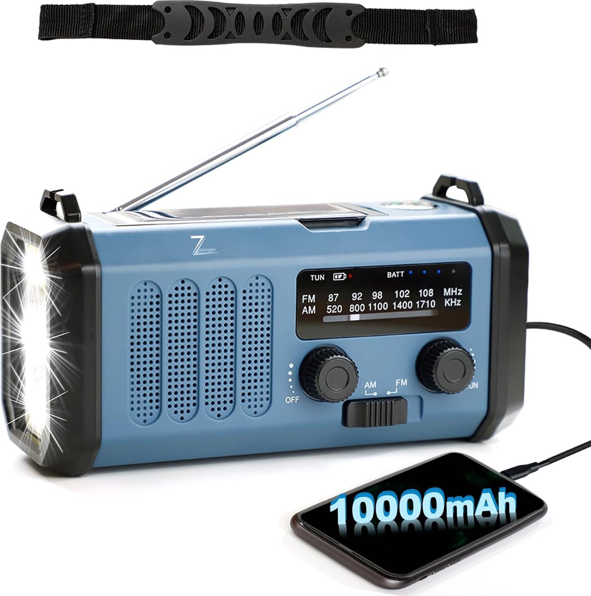 Beroli - 10000mAh Noodradio met Dynamo Crank - Draagbare AM FM-radio - 3 Modi camping Zaklamp - 5W 700LM 48 COB LED-leeslampje - Mobiele Telefoon Oplader Powerbank - SOS Alarm - IPX4 waterdicht