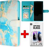Casemania Hoesje Geschikt voor Samsung Galaxy S23 FE Marmer Aqua & Glazen Screenprotector - Portemonnee Book Case met Print