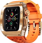 MNCdigi - Super heavy duty All-in Watchband met RVS case - Oranje/rose gold - Geschikt voor 44mm - 45mm iWatch - Luxe siliconenrubberen smartwatchband met rugged RVS beschermhoes - Voor Apple Watch Series 4 5 6 7 8 9 SE SE2 grote modellen
