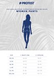 Guide des tailles pour pantalons féminins Protest, indiquant les tailles et les mesures de la taille et des hanches.