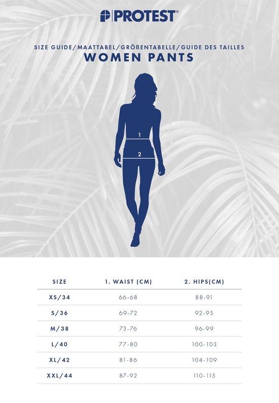 Guide des tailles pour pantalons féminins Protest, indiquant les tailles et les mesures de la taille et des hanches.