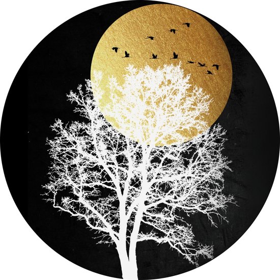 De Muurdecoratie - Rond schilderij boom wit goud zwart 90x90 cm - Digitale kunst - Vogels - Muurcirkel - Ronde schilderijen woonkamer - Schilderijen goud zwart - Decoratie eetkamer