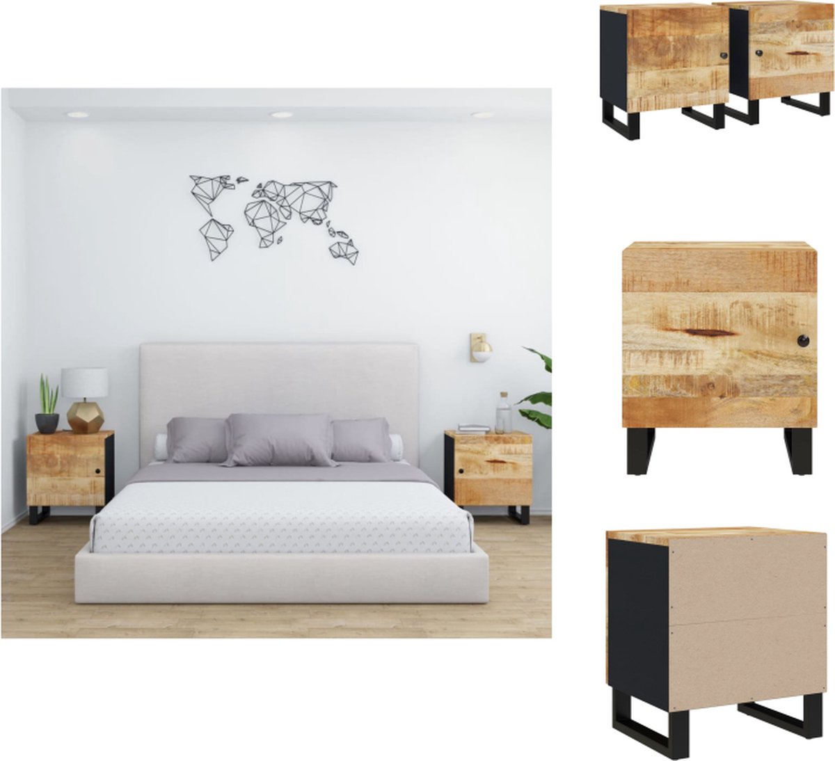 VidaXL Nachtkastjes Massief mangohout 40 x 33 x 46 cm (B x D x H) Industriële basis Kast