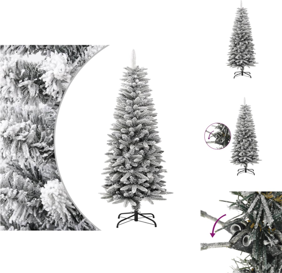 vidaXL Kunstkerstboom - Smal 120 cm - Met Scharnierconstructie - Decoratiesneeuw - 131 spitse uiteinden - 81 PE uiteinden - Standaard - Wit/Groen - Decoratieve kerstboom