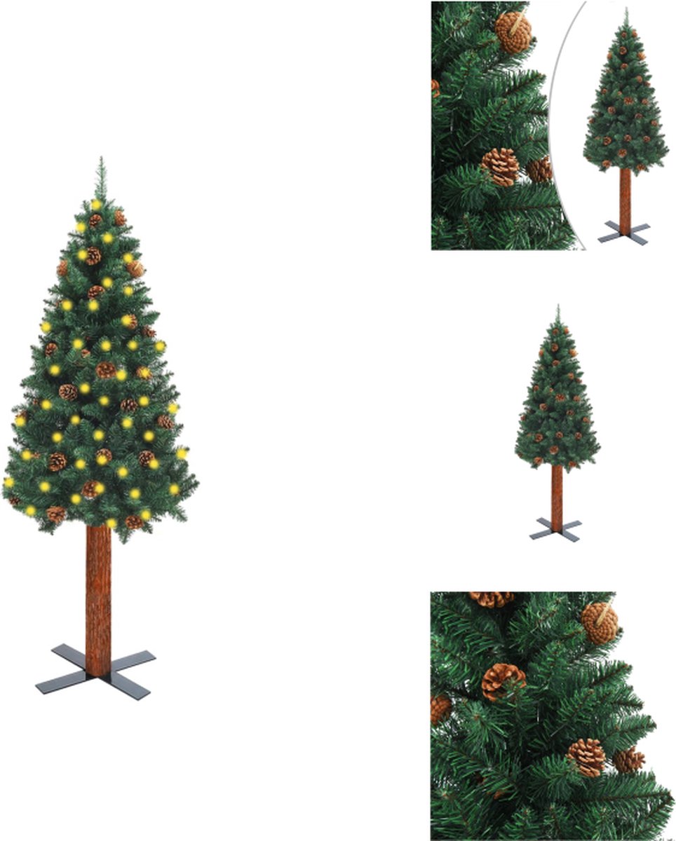 vidaXL Smalle Kerstboom - PVC - Massief Grenenhout - Gepoedercoat Staal - 210 cm - Met LED-verlichting - Decoratieve kerstboom