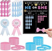 Gender Reveal Decoratie, 77Pcs Jongen of Meisje Stemmen Game Gender Reveal Games, Gender Reveal Stickers Armbanden voor Gender Reveal Guess Game Party Decoratie