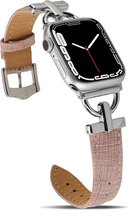MNCdigi - Elegante lederen smartwatchband - Bewerkt leer - Roze - Geschikt voor Apple Watch 42mm - 44mm - 45mm - 49mm - Luxe leren band met zilver D-vormige RVS metalen gespen - Voor iWatch Series Ultra/9/8/7/6/SE/5/4/3/2/1 grote modellen