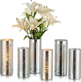Glazen vaasdecoratie, kwikcilindervaas, zilveren glazen vazen, pak van 2 mooie bloemenvazen, moderne vazen, bruiloftstafeldecoratie, decoratieve tulpenvaas, cilindervaas, kaars.