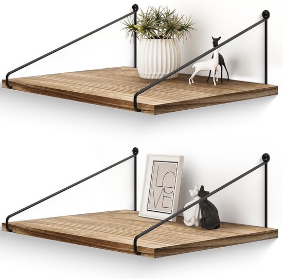 Wall Shelf Wood Black Metal 42 x 30 cm Wide Rustic Shelves for