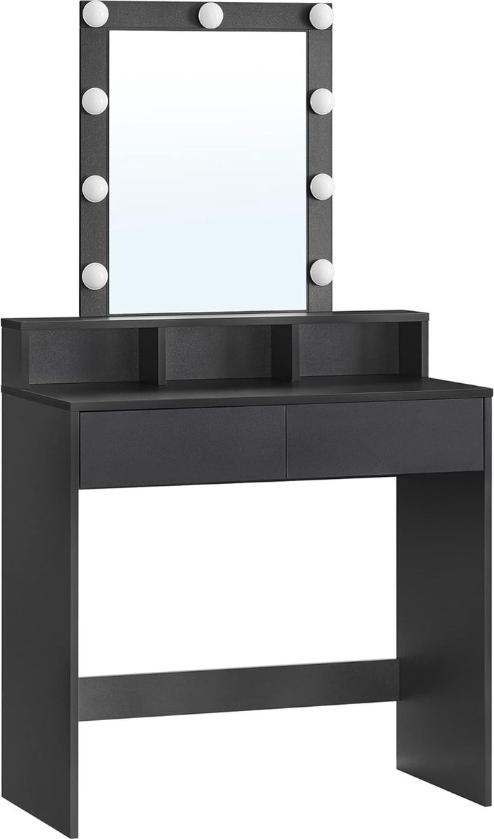 VASAGLE kaptafel make up tafel met spiegel en gloeilampen instelbare helderheid cosmetische tafel met 2 lades en 3 open vakken 80 x 40 x 145 cm zwart RDT114T16