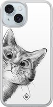 Casimoda® hoesje - Geschikt voor iPhone 15 - Kat Kiekeboe - 2-in-1 case - Schokbestendig - Illustratie - Verhoogde randen - Wit, Transparant