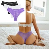 Pack 3 - String Femme Brazilian Sexy - Dentelle - Violet, Wit et Zwart - Set Lingerie / Sous-vêtements Femme - Taille XL