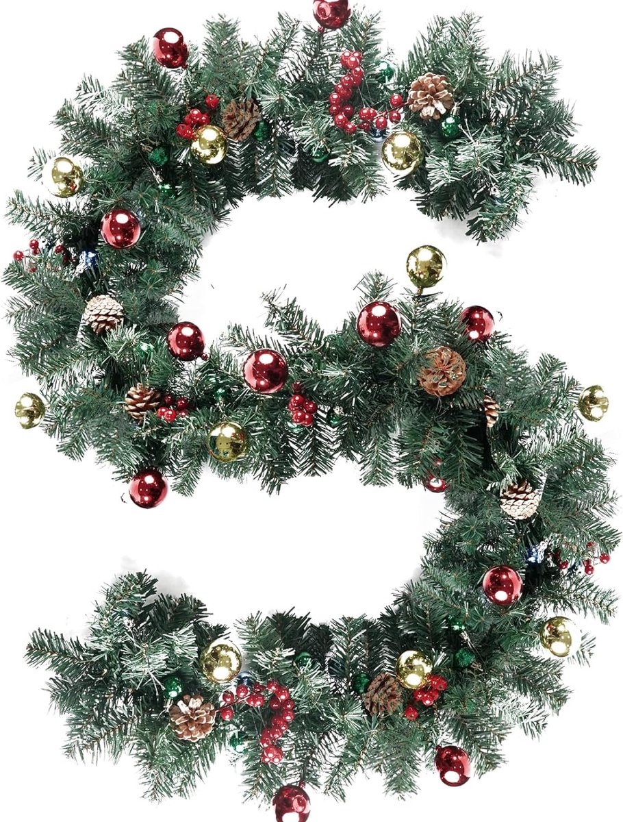 Kerstslinger, decoratieve slinger voor trapleuningen en open haard, 2,7 m, lange dennenslinger, kunstmatige dennenslinger voor binnen en buiten, 100% PE, kerstdecoratie met dennenappels, rode bessen