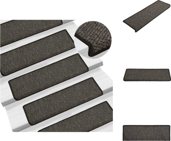 Antracietkleurige sisal-look trapmatten met zwarte bies, op traptreden.