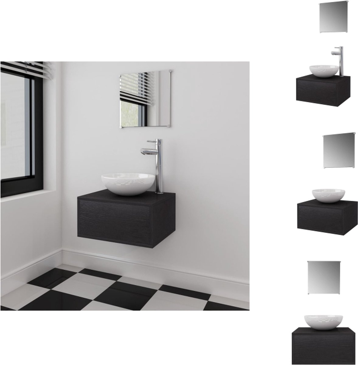 vidaXL Badkamermeubelset - zwart - 40 x 34 x 20 cm - spiegel - keramieken wasbak - zilveren mengkraan - Badkamerkast