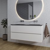 Adema Chaci Badkamermeubelset - 120x46x57cm - 2 keramische wasbakken zwart - zonder kraangaten - 2 lades - ronde spiegel met verlichting - mat wit