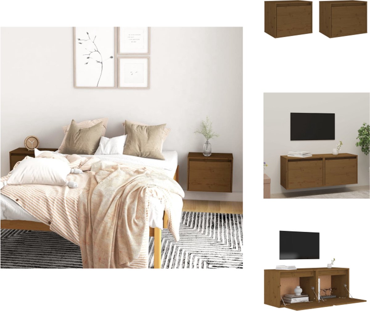VidaXL Zwevende Wandkast Massief Grenenhout Honingbruin 45 x 30 x 35 cm Set van 2 Wandsteun
