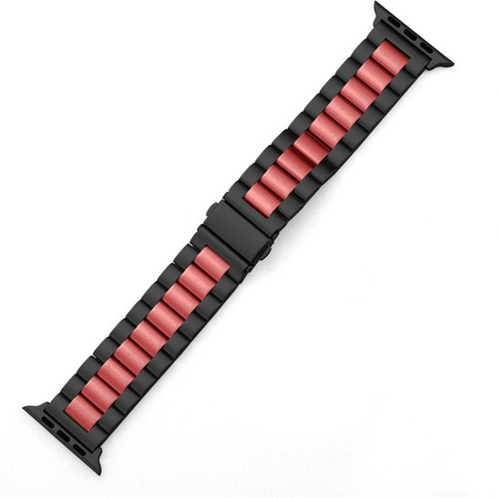 By Qubix Stalen schakelband - Zwart met rood - Geschikt voor Apple Watch 42 - 44 - 45 - Ultra - 49mm - Compatible Apple watch bandje - smartwatch