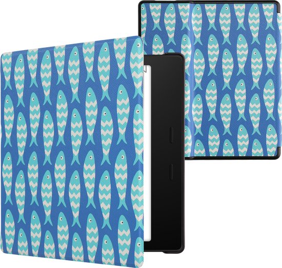 kwmobile hoes geschikt voor Amazon Kindle Oasis 10. Generation - Magnetische sluiting - E reader cover in blauw / lichtblauw / wit - Visjespatroon design