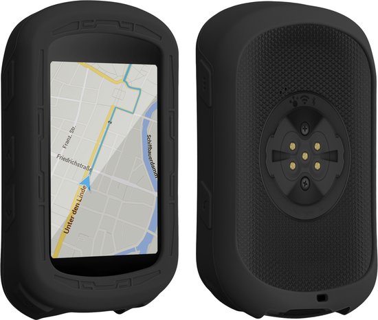 Zwarte siliconen hoes voor fietsnavigatie, met zicht op de voorkant met kaart en de achterkant.