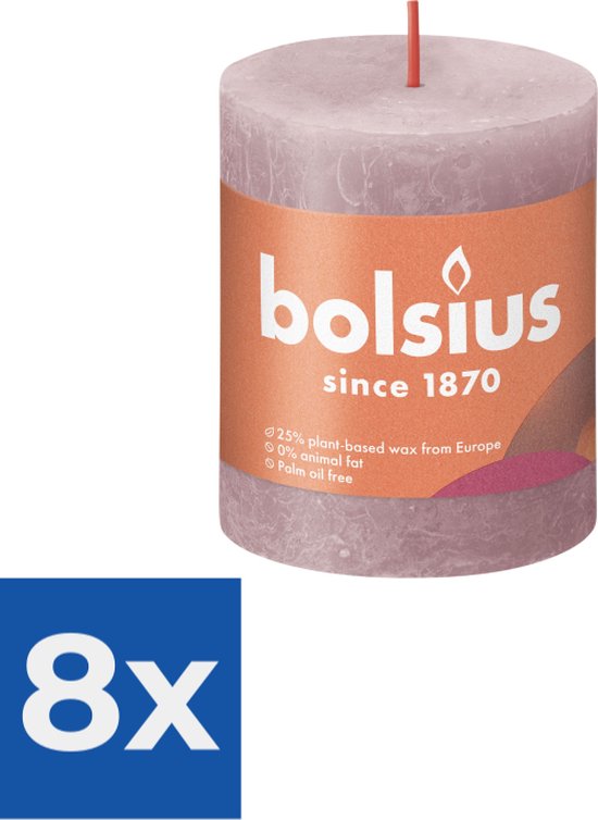 Bolsius Stompkaars Ash Rose Ø68 mm - Hoogte 8 cm - Grijs/Roze - 35 branduren - Voordeelverpakking 8 stuks