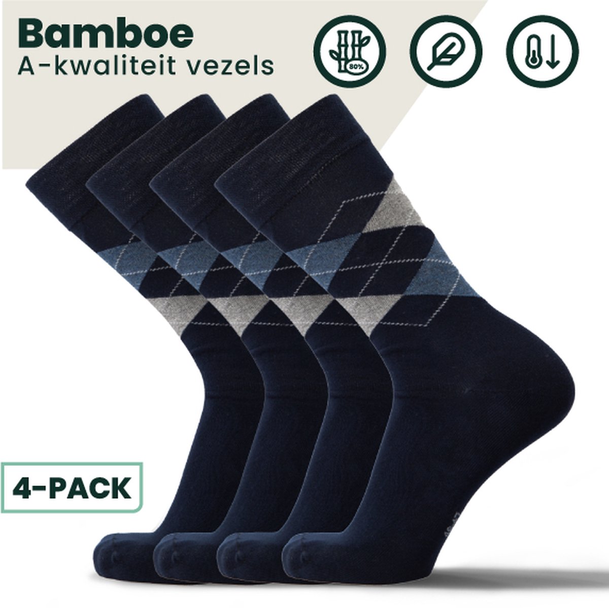 Bamboe Sokken | Geruite Sokken | Anti-zweet Sokken | Naadloze Sokken | Heren Sokken | Dames Sokken | 4 Paar - Marineblauw | Maat: 35-38 | Merk: Bamboosa