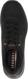Zwarte Skechers sneaker van bovenaf, met veters en Air-Cooled Memory Foam binnenzool.