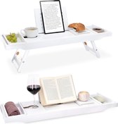 Bamboe badkuiprek, ontbijtdienblad, uittrekbaar, boekenplank, wijnglashouder - dienblad voor badkuip en bed - van hout in wit
