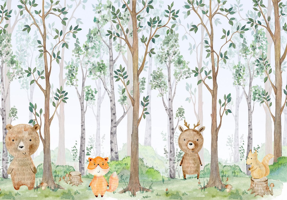Fotobehang - Bos - Dieren - Pastel - Dieren - Vos - Eekhoorn - Beren - Vliesbehang- 104x70cm (lxb)