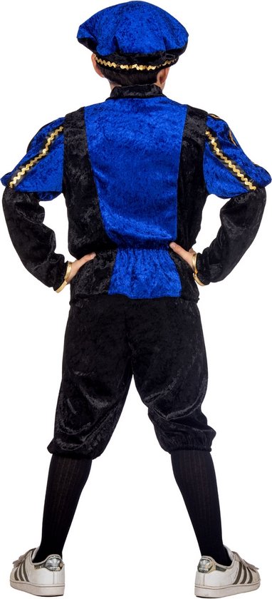 Achterkant van een Pietenpak voor kinderen in blauw en zwart fluweel, voorzien van een bijpassende baret.