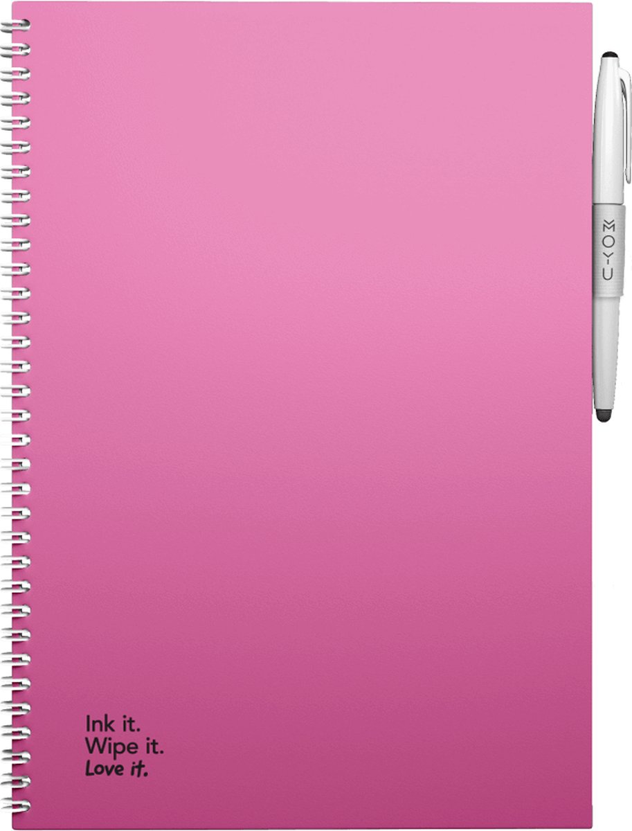 MOYU - Passion Pink Notebook - Uitwisbaar Notitieboek A4 Hardcover - Multifunctionele pagina’s - Inclusief uitwisbare pen, houder en wisdoekje