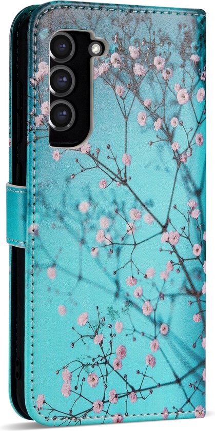 Turquoise book case met roze bloesemtakken, drievoudige camera-uitsparing.