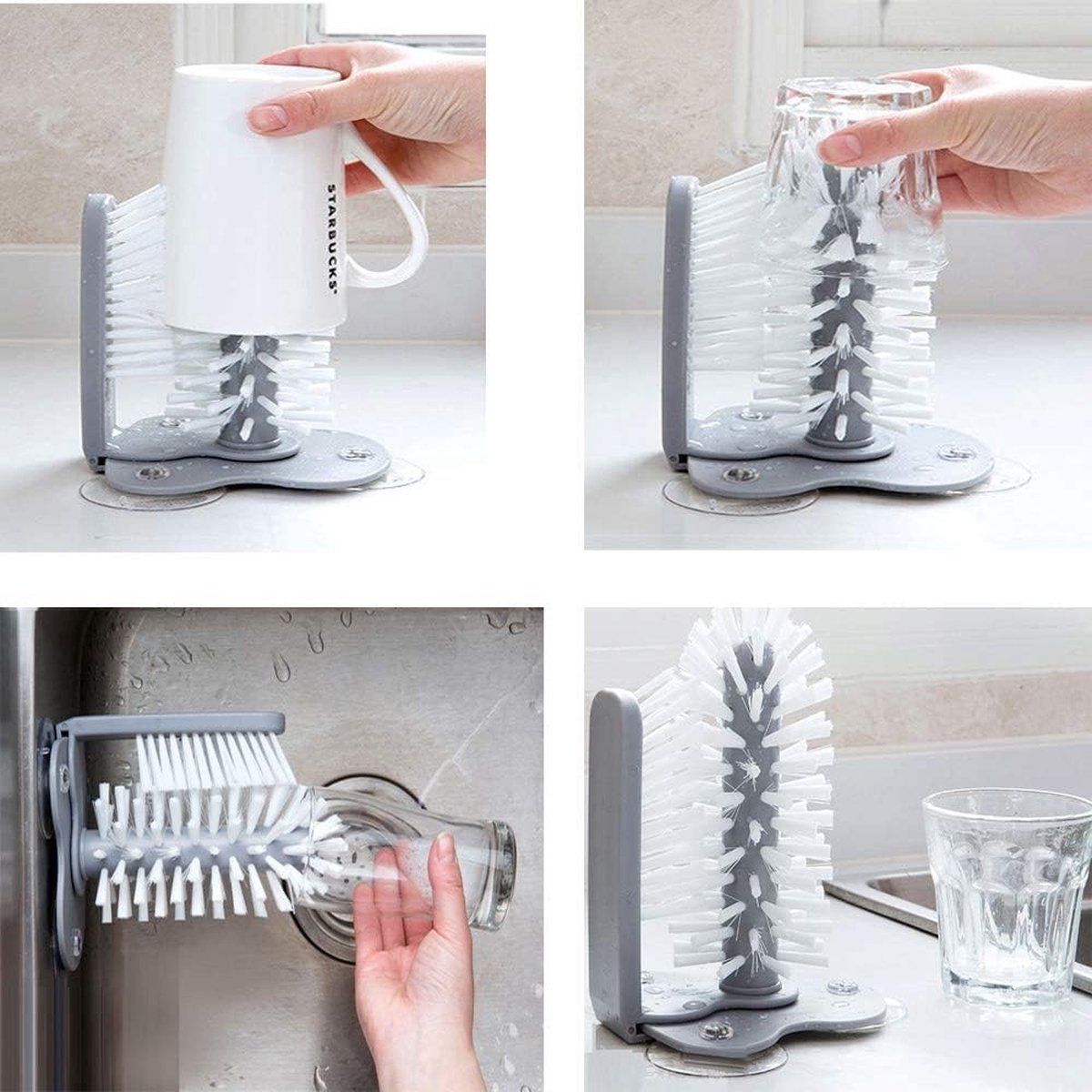 Lave-verres 3 Brosses Avec Ventouse - Nettoyeur De Bouteilles Et Verres | Évier Cuisine & Bar