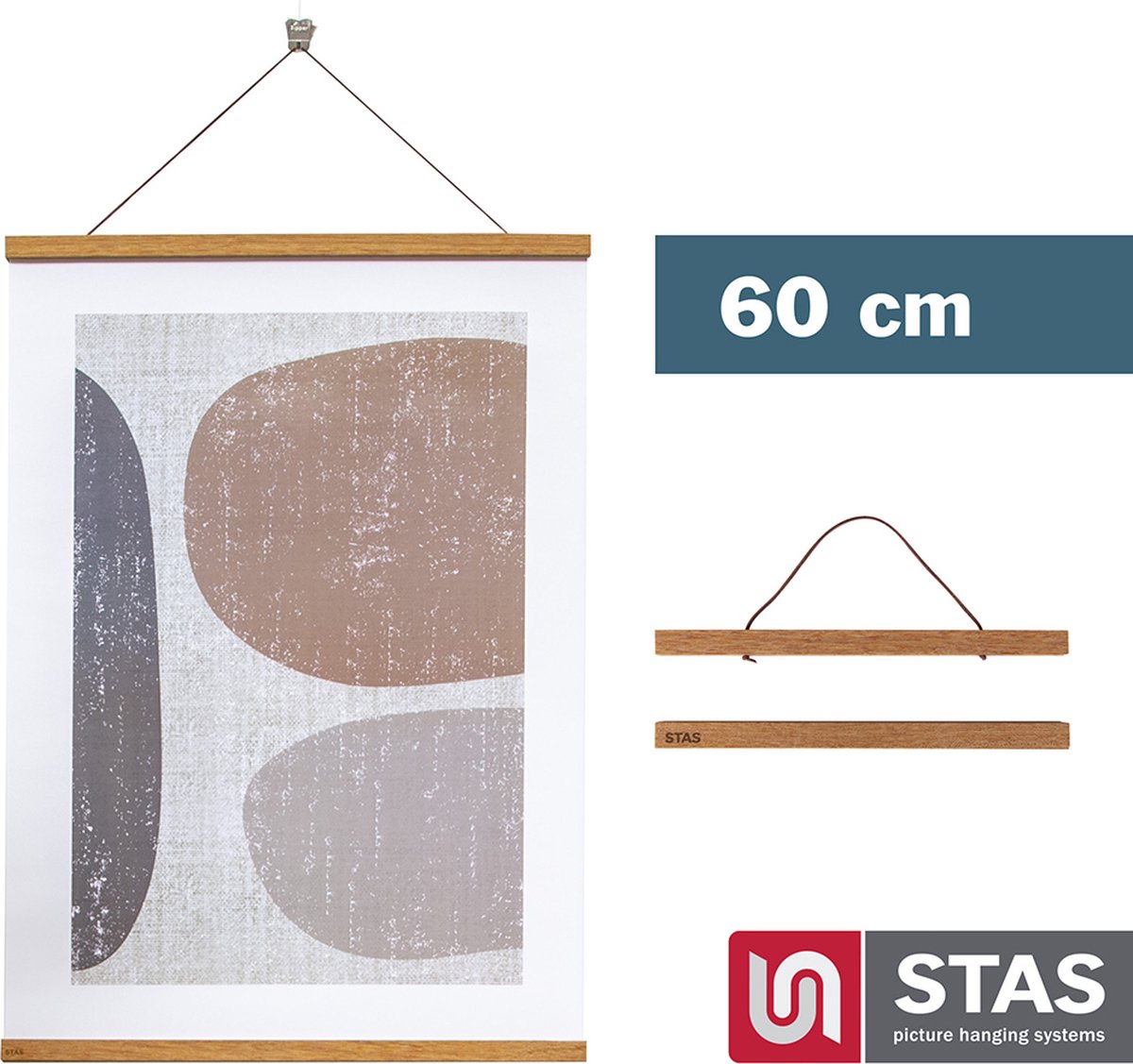 STAS picture hanging systems STAS Posterhanger 60 cm - Hout - Teak - Magnetisch poster ophangsysteem - Posterlijst - Posterklem - Posterhouder