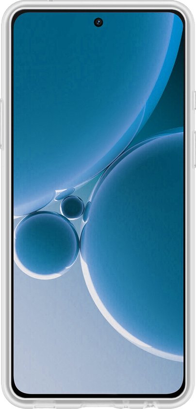 Grijze telefoonhoes met een doorschijnend scherm. De rand is wit.
