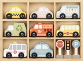Tooky Toy Ensemble de véhicules en bois - Set avec Voitures, ambulance, camion de pompiers, bus, camion de glaces, taxi et camion à ordures - 12 pièces - Multicolore