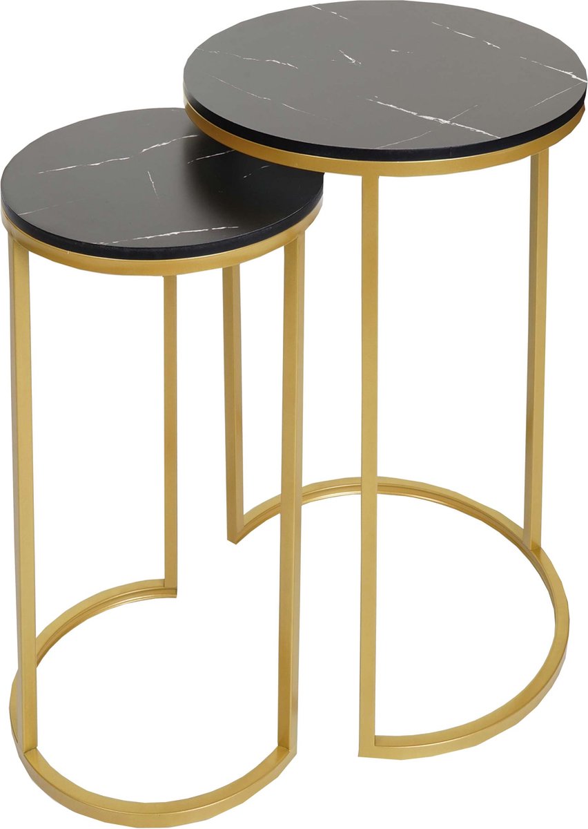 MCW Set van 2 bijzettafels MCW-K46, salontafel nachtkastje loungetafel, marmeren look MDF ~ zwart-goud