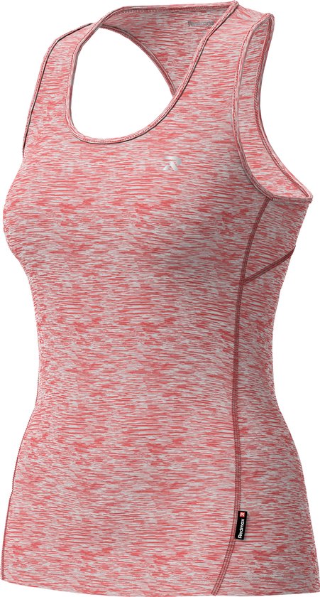 Voorkant van een roze gemêleerde sporttop met racerback, contrasterende naden en logo.