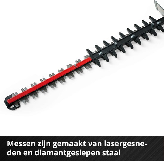 Close-up van de lasergesneden en diamantslepen stalen messen van een Einhell heggenschaar.