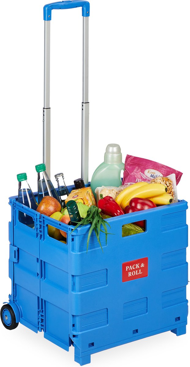 Relaxdays boodschappentrolley - inklapbaar - vouwkrat - 2 wieltjes - verstelbare handgreep - blauw