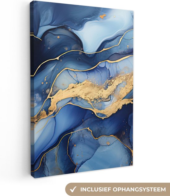 Canvas schilderij 120x180 cm - Wanddecoratie Marmer - Blauw - Goud - Abstract - Muurdecoratie woonkamer - Slaapkamer decoratie - Kamer accessoires - Schilderijen