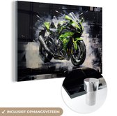 MuchoWow® Glasschilderij 150x100 cm - Schilderij glas - Motor - Bike - Graffiti - Groen - Grijs - Zwart - Foto op acrylglas - Schilderijen