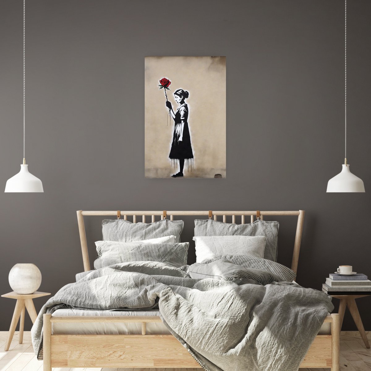 Toile Imprimée Banksy - La Vie Est Belle Femme Avec Rose - 60x40 Cm Cadre Bois - Fabriqué En Allemagne