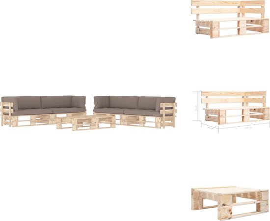 vidaXL Ensemble de salon en palette - Bois de pin - Coussins taupe - Table - 60x60x25 cm - Canapé d'angle - 110x65x55 cm - Convient pour l'intérieur et l'extérieur - Comprend 2 tables et 4 bancs d'angle - Assemblage requis - Ensemble de jardin